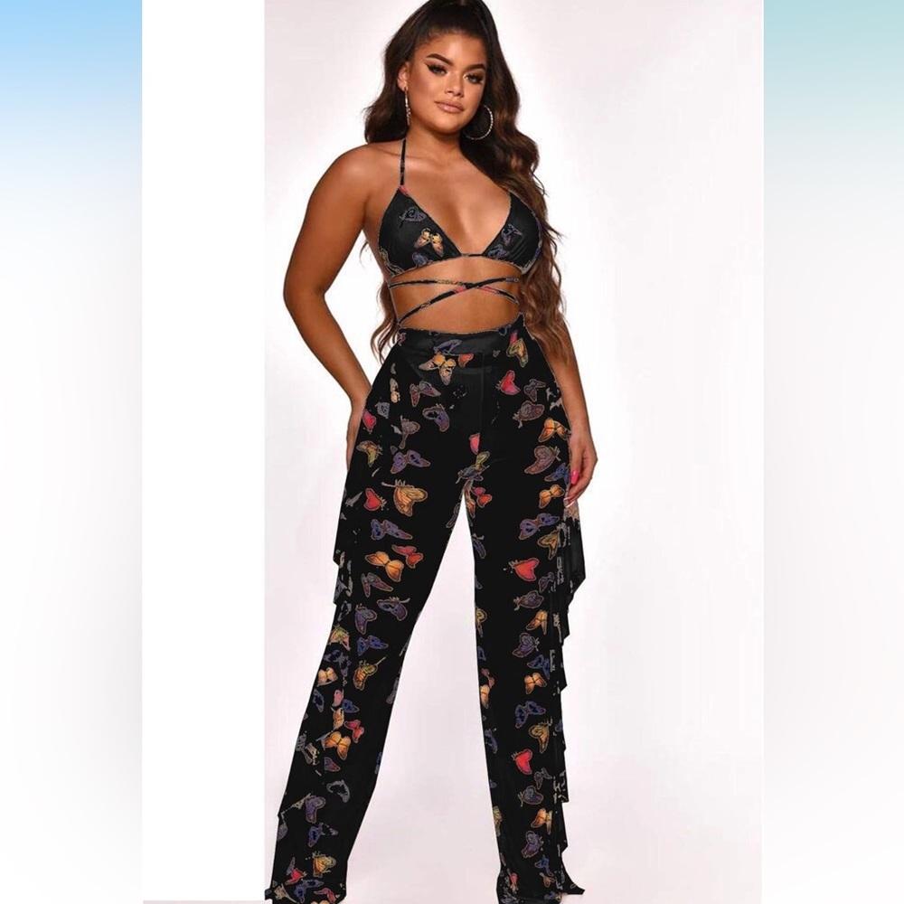 Sexy Butterfly Print Black bathing suit Pants and Bikini Top Set Mesh size XL
